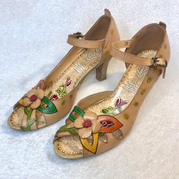 Genuine leather floral summer open toe sandals tan heels with strap Infinity - Picture 3 of 15